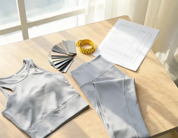 Gym wear sampling desk with size chart and fabric swatches